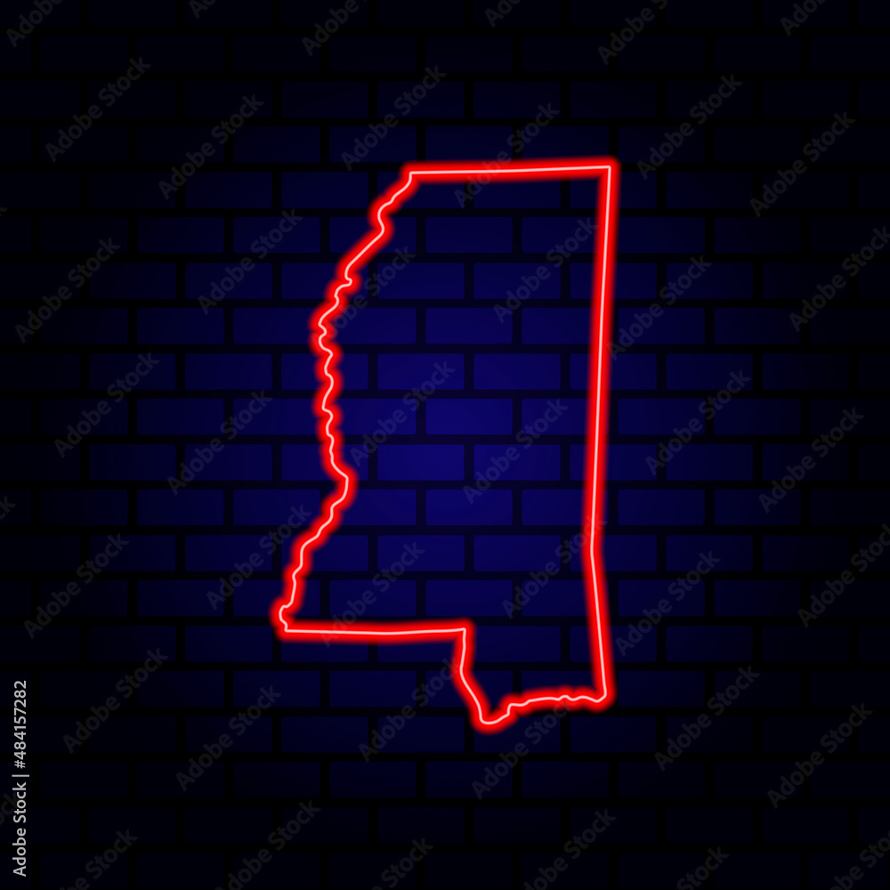 Neon map State of Mississippi on brick wall background. Neon map State of Mississippi on brick wall background.