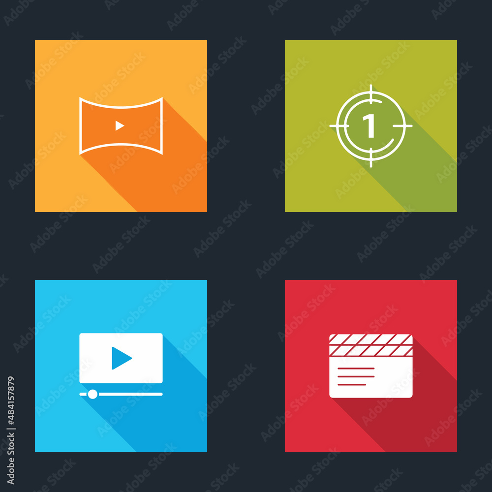 Set Online play video, Old film movie countdown frame, and Movie clapper icon. Vector Set Online play video, Old film movie countdown frame, and Movie clapper icon. Vector