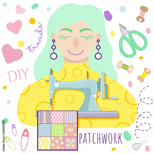 patchwork handmade girl hobby pastime DIY needle sewing machine seam stitch pieced work