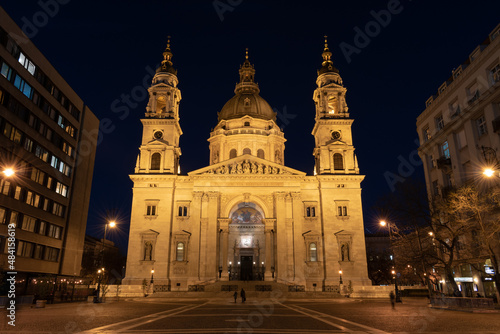 Saint Stephen (Szent Istvan) basilica church illuminated during night in Budapest Hungary Europe © slobodan