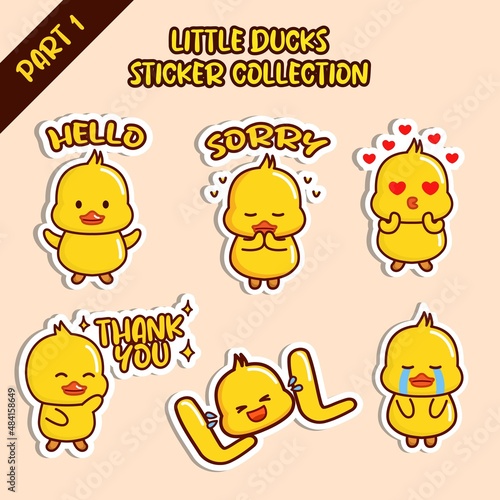 Set of little duck sticker collection. Kawaii cute cartoon character design. Hello, sorry, love, thank you, LOL, cry emoticon