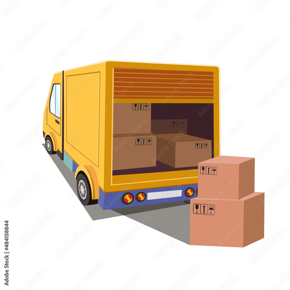 Yellow delivery truck with cardboard boxes. Vector illustration Yellow delivery truck with cardboard boxes. Vector illustration