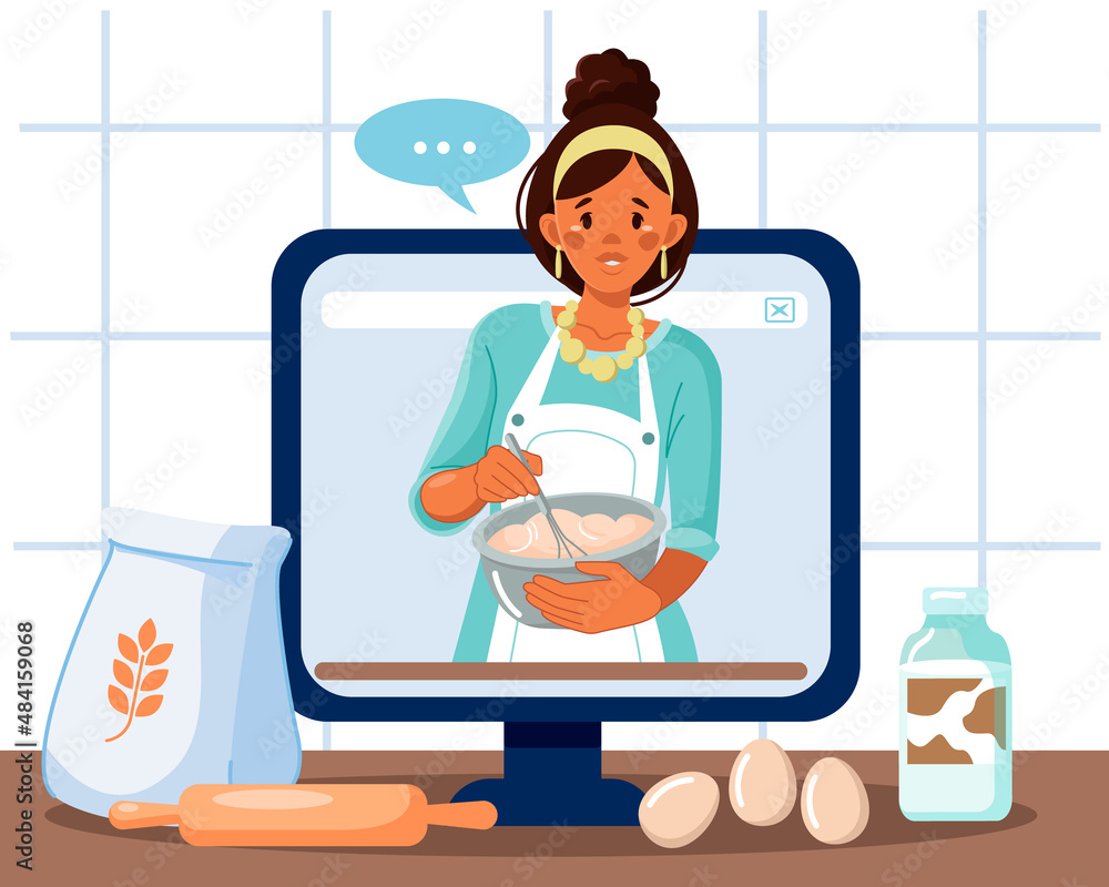 Cooking video broadcast, channel or blog with an online cooking lesson. Cooking live streaming. A young African-American cook cooks healthy food in the kitchen.A female chef on the monitor screen. Cooking video broadcast, channel or blog with an online cooking lesson. Cooking live streaming. A young African-American cook cooks healthy food in the kitchen.A female chef on the monitor screen.