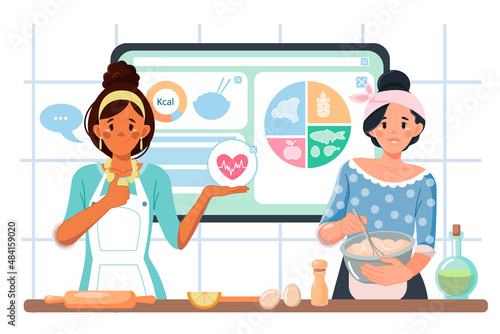 Nutrition seminar on the concept of healthy eating . Cartoon characters-women cook food. An online course or a live webinar with a professional chef. Vector illustration of a culinary master class