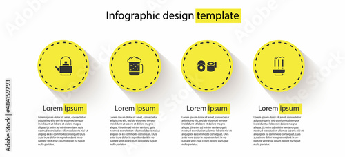 Set Kettle with handle, Wooden beer mug, Toilet paper roll and Incense sticks. Business infographic template. Vector