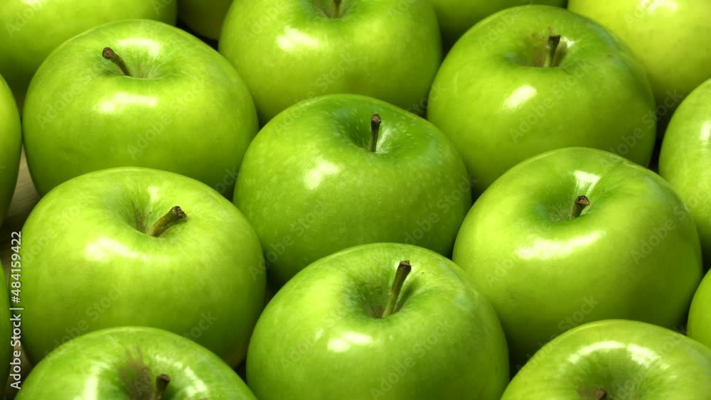 Fresh ripe green apples rotation background. Loop motion Fresh ripe green apples rotation background. Loop motion