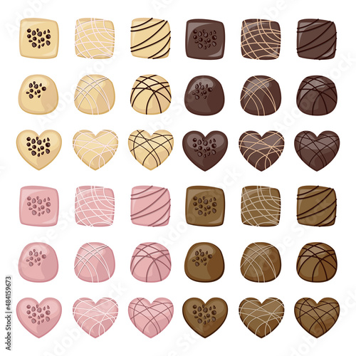 Vector set of white, milk, rose and dark chocolate candies decorated with pastry cream.