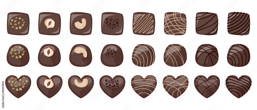 Vector set of different shaped dark chocolate sweets decorated with nuts and cream isolated on white background.
Vector set of different shaped dark chocolate sweets decorated with nuts and cream isolated on white background.