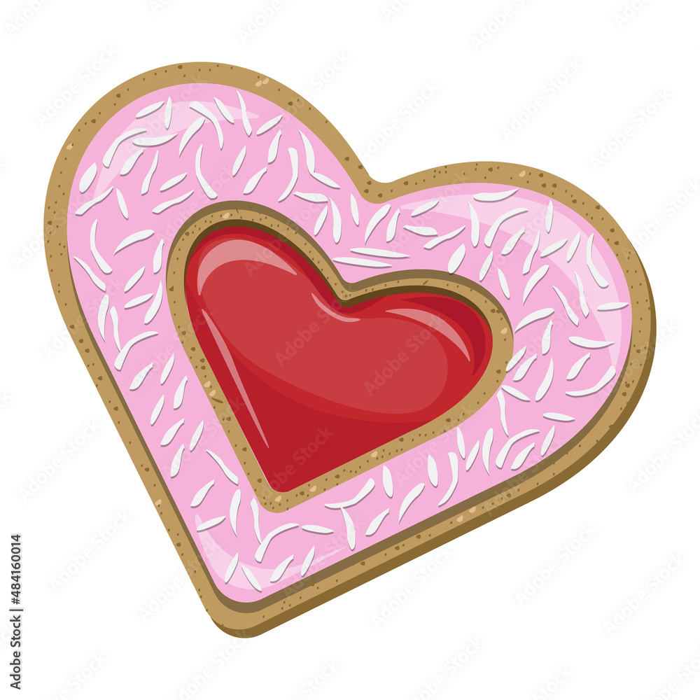 Heart shaped cookie covered with pink icing with jam and coconut flakes isolated on white background. Vector illustration.
Heart shaped cookie covered with pink icing with jam and coconut flakes isolated on white background. Vector illustration.