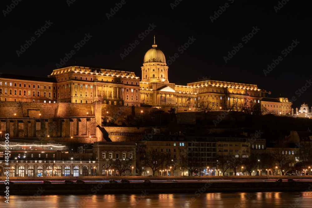 Buda Castle illuminated at night in Budapest Hungary Europe