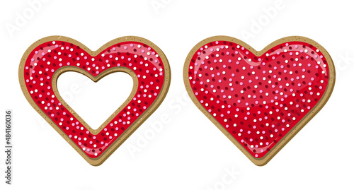 Vector red glitter heart shaped cookies isolated on white background.
