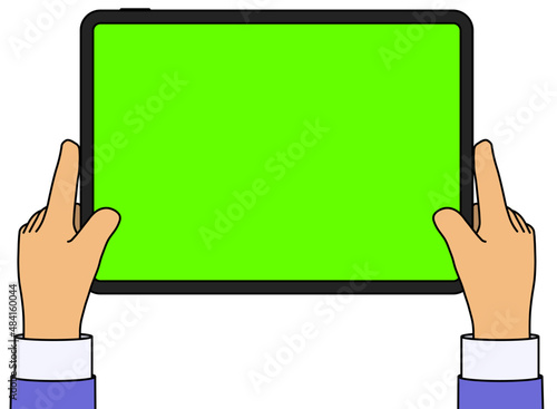 Cartoon male hands hold tablet isolated vector Illustration on white background with chromakey display. Hands use tablet mockup. 