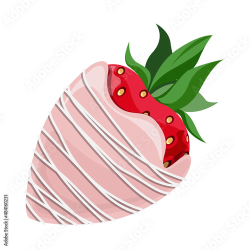 Vector strawberry covered with pink chocolate isolated on white background. Berry dessert.
