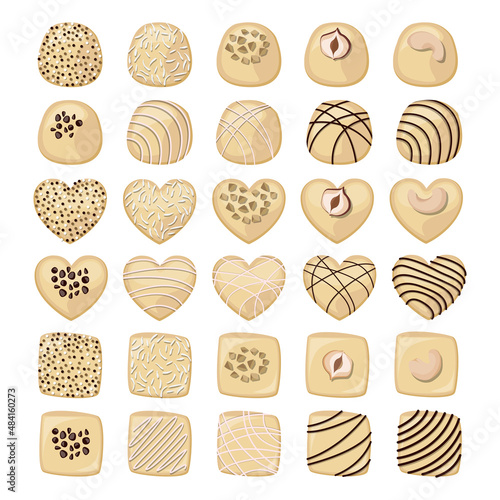 Vector set of white chocolate candies decorated with coconut flakes, nuts, confectionery topping.