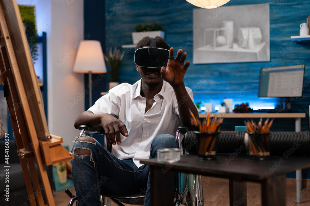 Young artist with virtual reality goggles imagining draw illustration ...