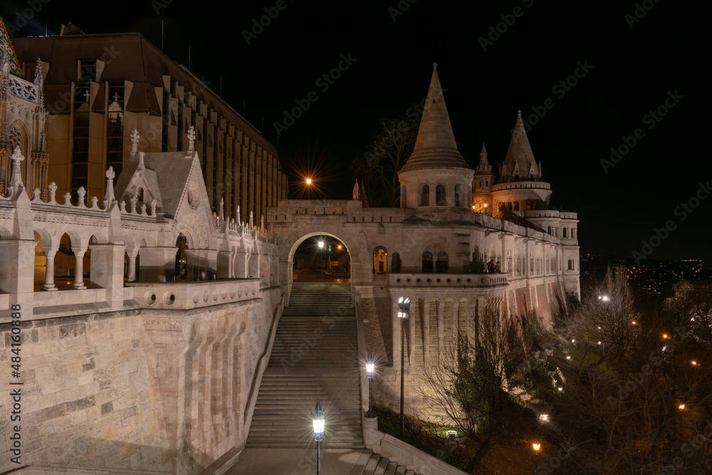 Fisherman's bastion illuminated at night in Budimpesta Hungary Europe