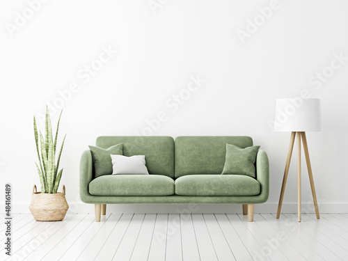 Interior wall mockup with green velvet sofa, snake plant in basket and standing lamp on empty white background. Illustration, 3d rendering