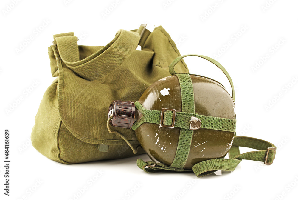 Fototapeta premium People's Liberation Army military kettle. Military backpack on white background
