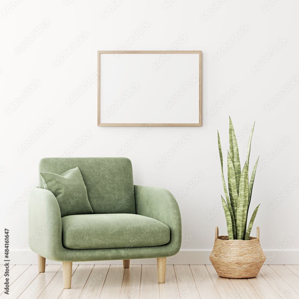 Φωτογραφία Horizontal wooden frame template in home interior with green velvet armchair, cushion and snake plant in basket