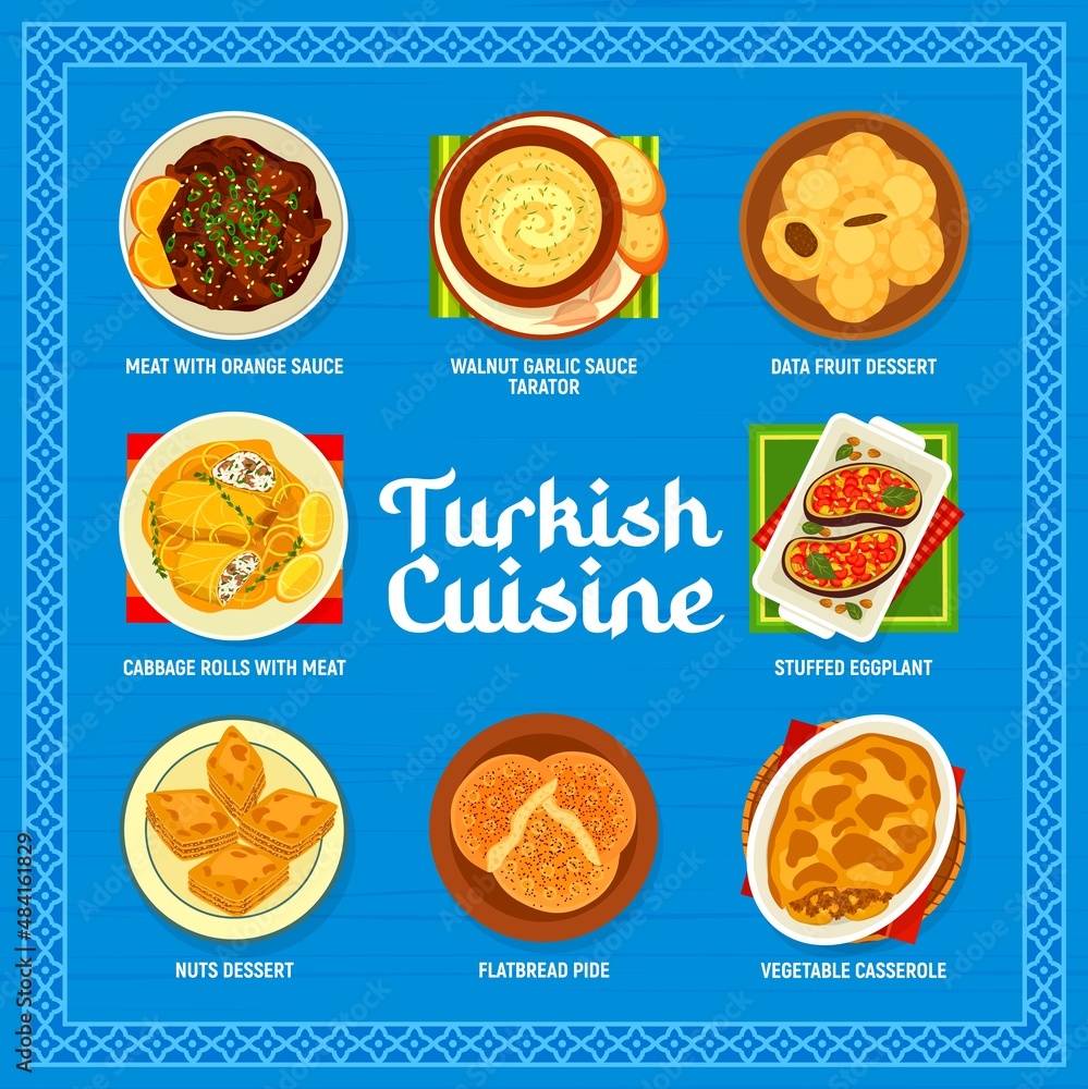Turkish cuisine menu with vector dishes of Arab halal food. Arabian meat and vegetable meal with nut and date desserts, flatbread pide, beef with orange and tarator sauce, stuffed eggplant, moussaka Turkish cuisine menu with vector dishes of Arab halal food. Arabian meat and vegetable meal with nut and date desserts, flatbread pide, beef with orange and tarator sauce, stuffed eggplant, moussaka