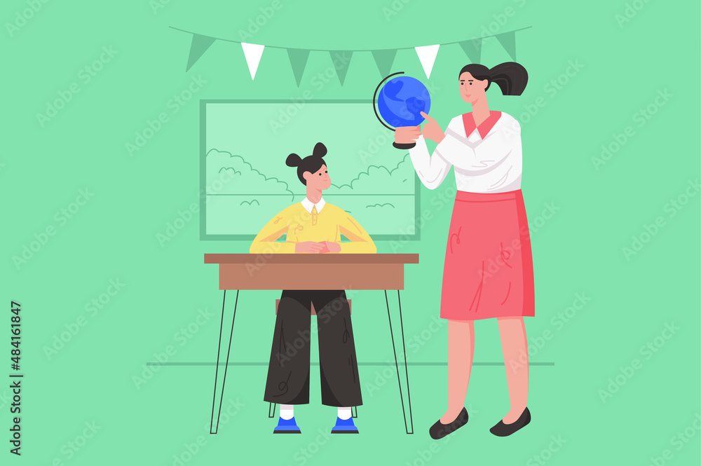 School teacher at lesson modern flat concept. Female teacher points to globe and explains geography to schoolgirl sitting at desk in class. Vector illustration with people scene for web banner design School teacher at lesson modern flat concept. Female teacher points to globe and explains geography to schoolgirl sitting at desk in class. Vector illustration with people scene for web banner design