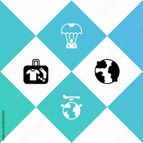 Set Suitcase, Globe with flying plane, Parachute and Worldwide icon. Vector