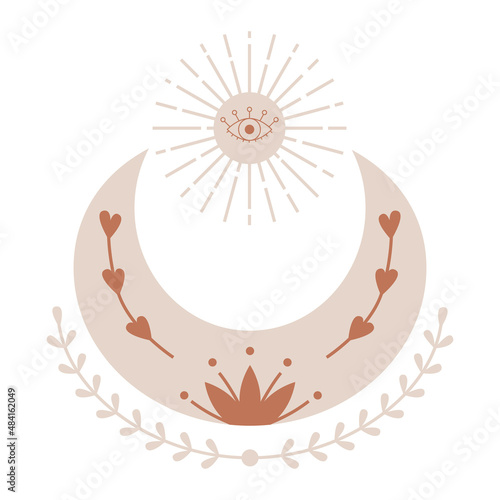 Boho, celestial element. A crescent moon with twigs, the sun and an open outline eye. A mystical, esoteric, mysterious symbol. Vector decorative element. Illustration is isolated on a white background