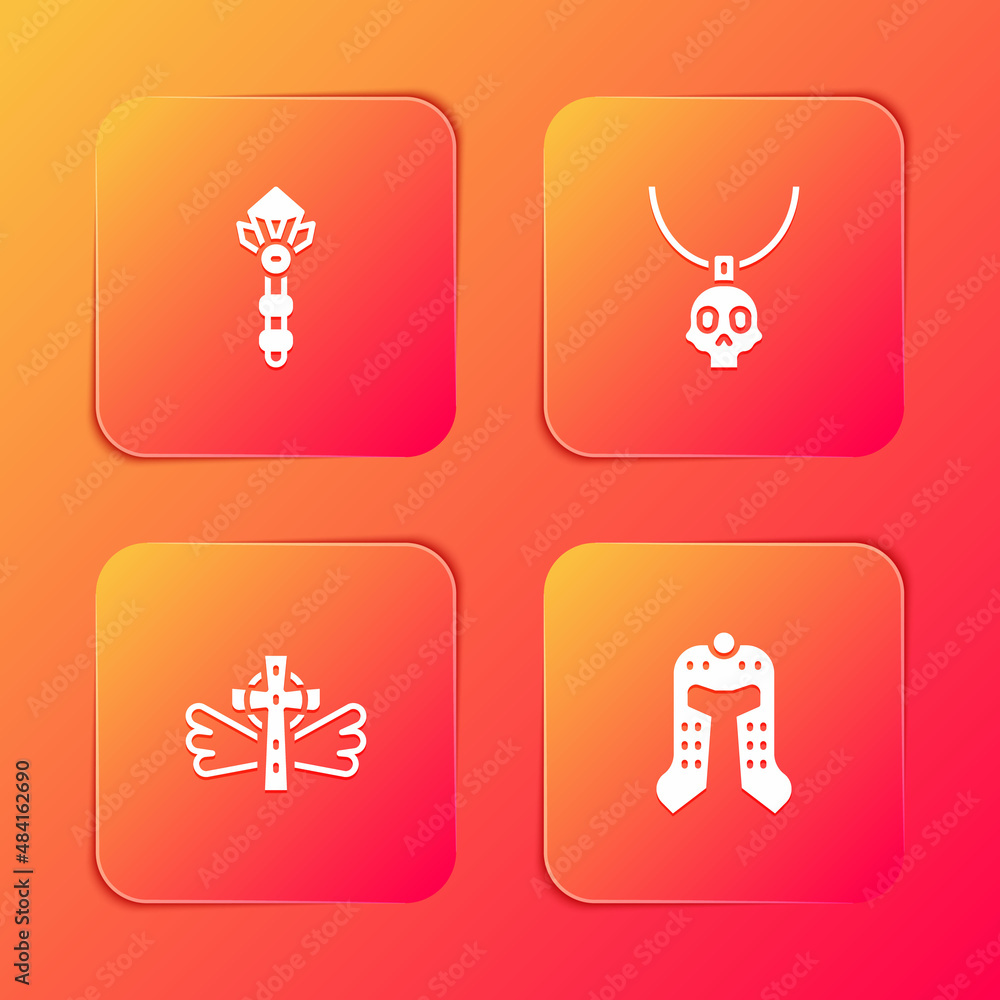 Set Magic wand, Necklace amulet, Christian cross and Medieval helmet icon. Vector Set Magic wand, Necklace amulet, Christian cross and Medieval helmet icon. Vector