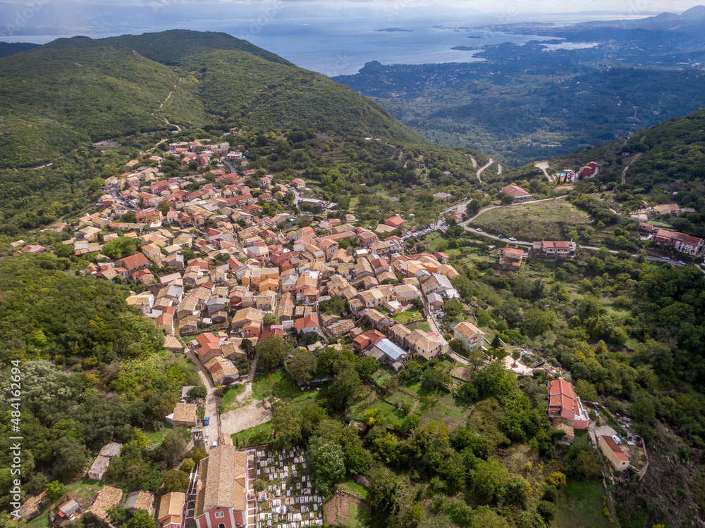 Aerial drone panoramic view of beautiful sokraki village in corfu island greece