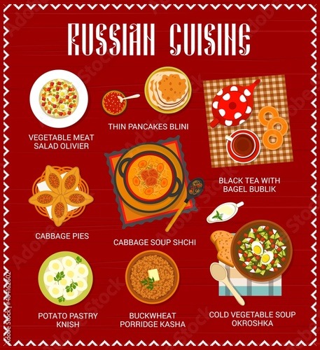 Russian cuisine menu, food dishes and lunch or dinner meals, vector. Russian cuisine restaurant okroshka soup with blini pancakes, black tea with bagel bublik and cabbage pies with shchi soup