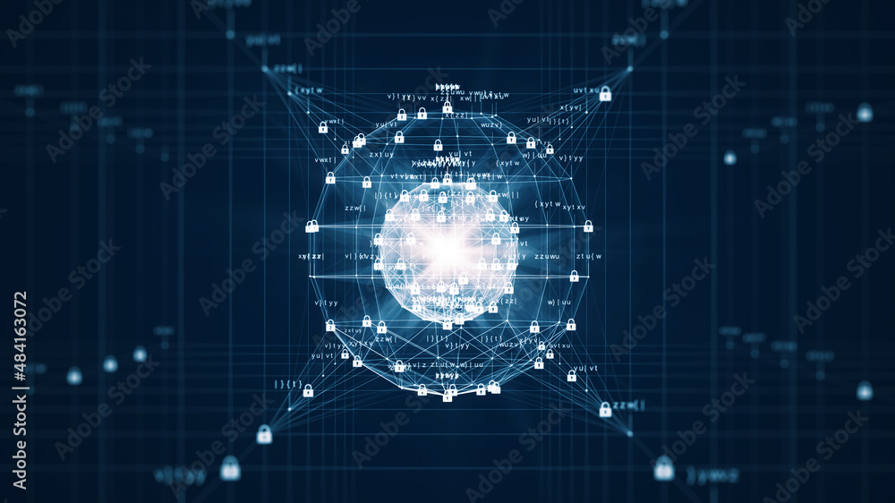 cybersecurity and big data protection technology concept background image. The interconnected small binary padlock polygons form a glowing inner sphere. dark background. cybersecurity and big data protection technology concept background image. The interconnected small binary padlock polygons form a glowing inner sphere. dark background.