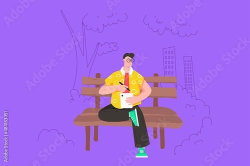 People sit in gadgets modern flat concept. Happy man is using tablet while sitting a park bench. Freelancer drawing or taking notes. Vector illustration with character scene for web banner design