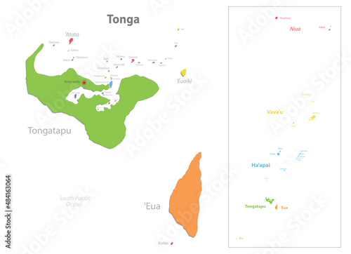 Tonga map, administrative division, separate regions with names, color map isolated on white background vector