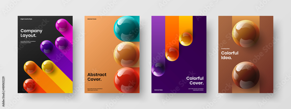 Geometric leaflet A4 design vector illustration set. Modern realistic balls catalog cover layout composition.