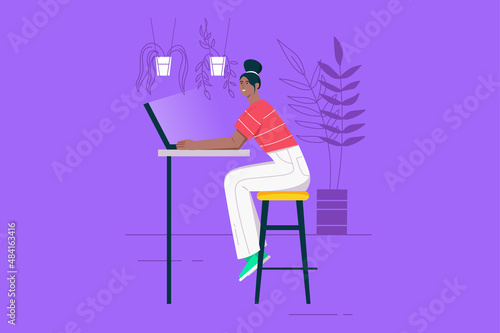 Freelance working at comfortable office modern flat concept. Happy woman works online. Female freelancer doing tasks at laptop sitting desk. Vector illustration with people scene for web banner design