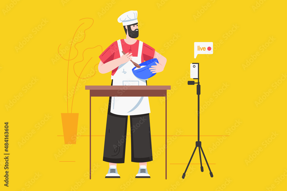 Fototapeta premium Video streaming with blogger modern flat concept. Happy man cooking dishes at kitchen, makes online broadcast and creates content to blog. Vector illustration with people scene for web banner design