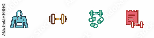 Set Hoodie, Dumbbell, Sports doping with dumbbell and training program icon. Vector