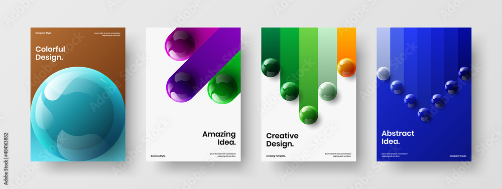 Creative realistic spheres banner illustration collection. Minimalistic corporate cover A4 vector design template composition.