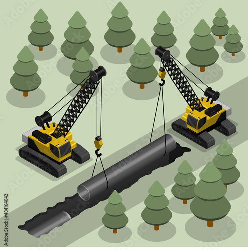 Isometric Heavy crane for moving heavy loads laying a gas pipeline in trench. Industrial machinery and equipment. Realistic 3D Vector Isolated on white back