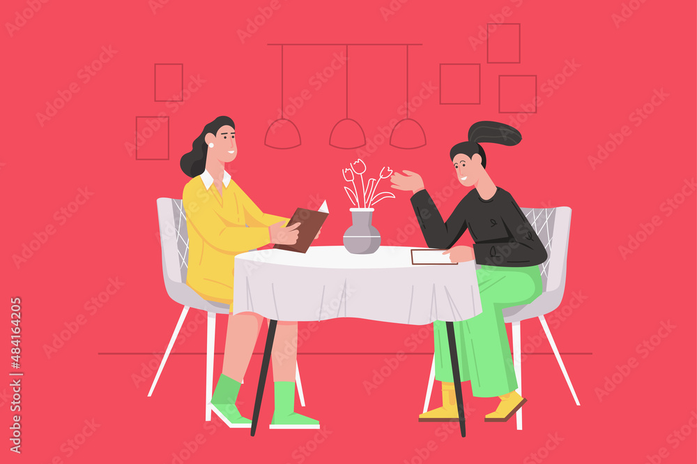 Dinner at restaurant modern flat concept. Happy women talking and choosing dishes in menu while sitting at table. Meeting of girlfriends. Vector illustration with people scene for web banner design