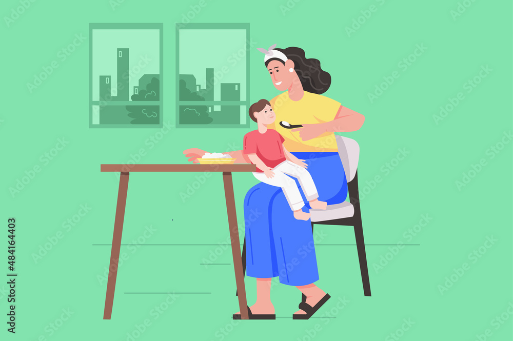 Fototapeta premium Mothers day celebration modern flat concept. Happy mom feeds her son with spoon, loves and takes care of baby. Motherhood and parenting. Vector illustration with people scene for web banner design