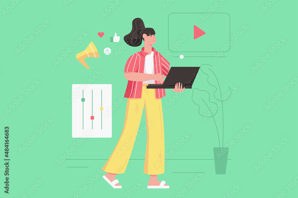 Marketing and advertisement modern flat concept. Woman marketer working on laptop, develops strategy, analyzes data and promotes business. Vector illustration with people scene for web banner design Marketing and advertisement modern flat concept. Woman marketer working on laptop, develops strategy, analyzes data and promotes business. Vector illustration with people scene for web banner design