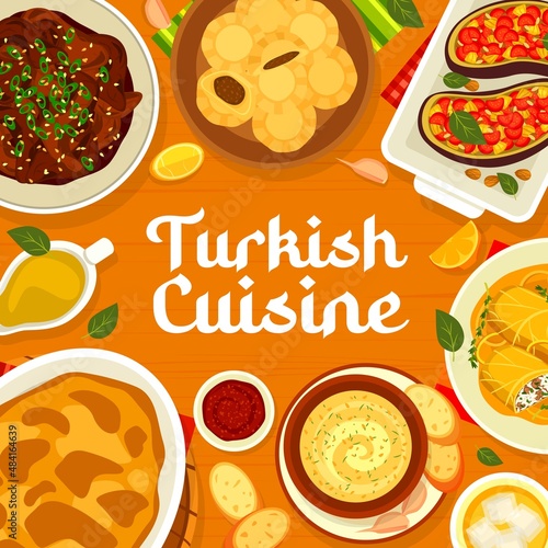 Turkish cuisine menu cover with vector halal food, Arab dishes of meat and vegetable meal. Stuffed eggplant, meat with orange sauce, moussaka and cabbage rolls, walnut tarator and date dessert