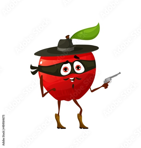 Cartoon robber or gangster apple fruit character. Funny vector fruit bandit or ranger wear black hat, mask and boots with with gun. Isolated fantasy western personage, courageous adventurer
