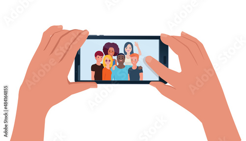 Hands holding smartphone with happy friends on screen. Vector illustration