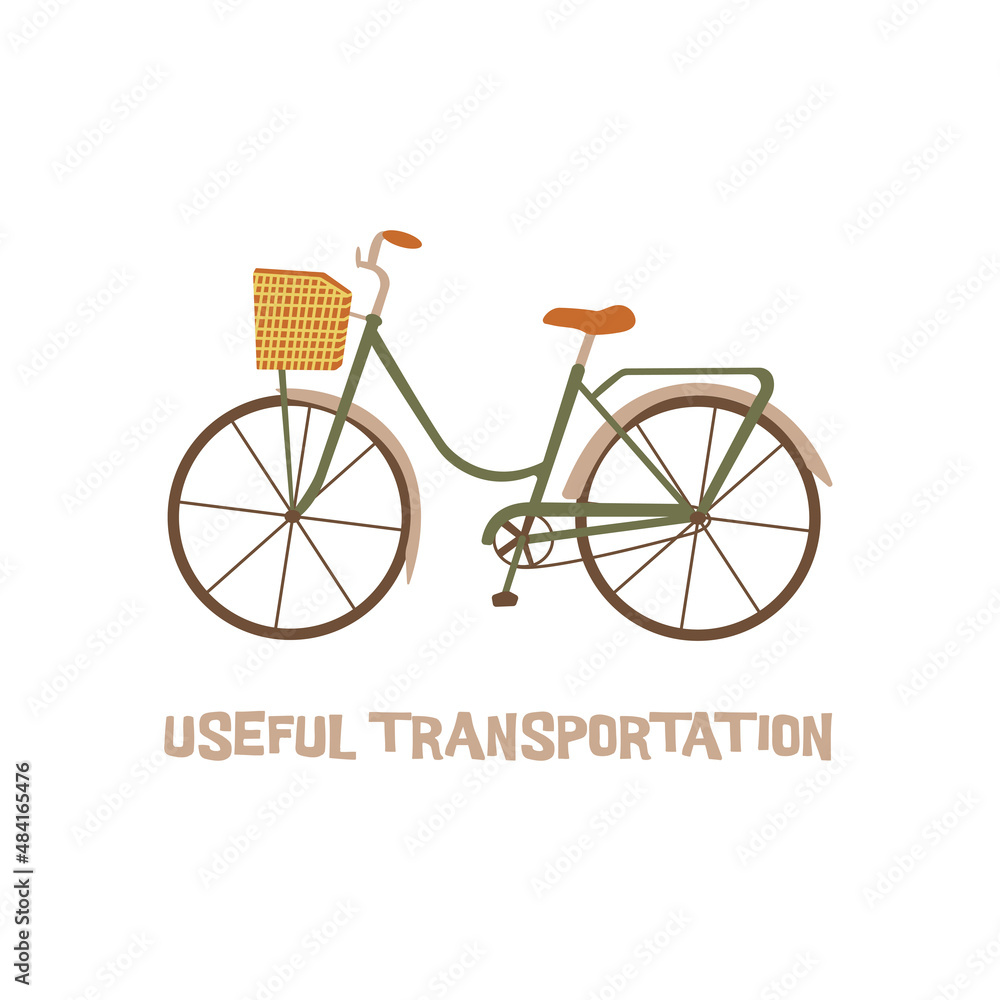 Elegant city bicycle with a basket. Useful transportation. Colorful vector isolated illustration hand drawn. Bicycle day. Sports Equipment cycling transport