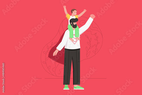 Fathers day holiday celebration modern flat concept. Happy son rides on his father's shoulders. Dad in superhero costume plays with child. Vector illustration with people scene for web banner design