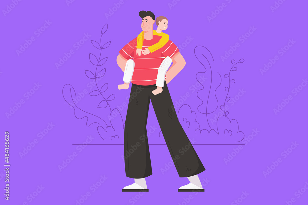 Fathers day holiday celebration modern flat concept. Happy son rides on his father's back. Dad holding his little kid and playing outdoors. Vector illustration with people scene for web banner design Fathers day holiday celebration modern flat concept. Happy son rides on his father's back. Dad holding his little kid and playing outdoors. Vector illustration with people scene for web banner design
