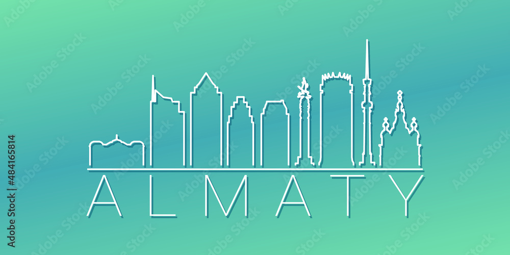 Almaty, Kazakhstan Skyline Linear Design. Flat City Illustration Minimal Clip Art. Background Gradient Travel Vector Icon.