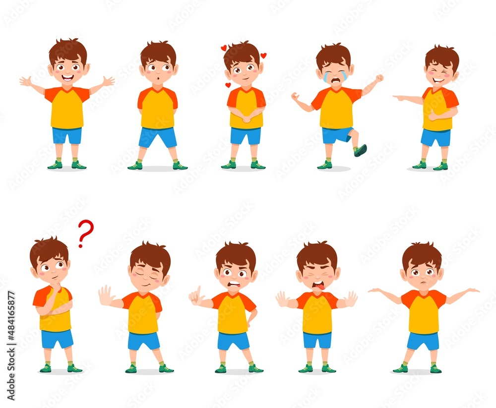 Fototapeta premium Cartoon boy with different emotions and expressions. Cute kid vector character in shirt and shorts with various emotion face. Happy, sad, smiling and laughing, crying, angry or worried